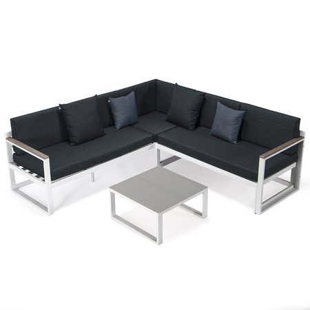 LEISUREMOD Chelsea White Sectional With Adjustable Headrest & Coffee Table With Black Two Tone Cushions CSLW-80BL-BU